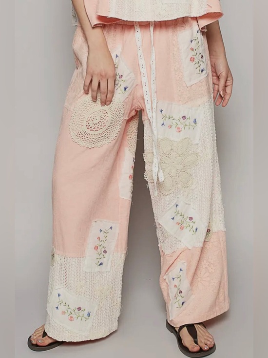 POL Pants - POL Patchwork Wide-Leg Pants with Crochet & Embroidery